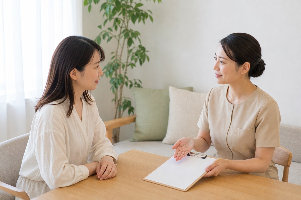 赤みが残る肌環境についてエステティシャンへ相談する日本人女性