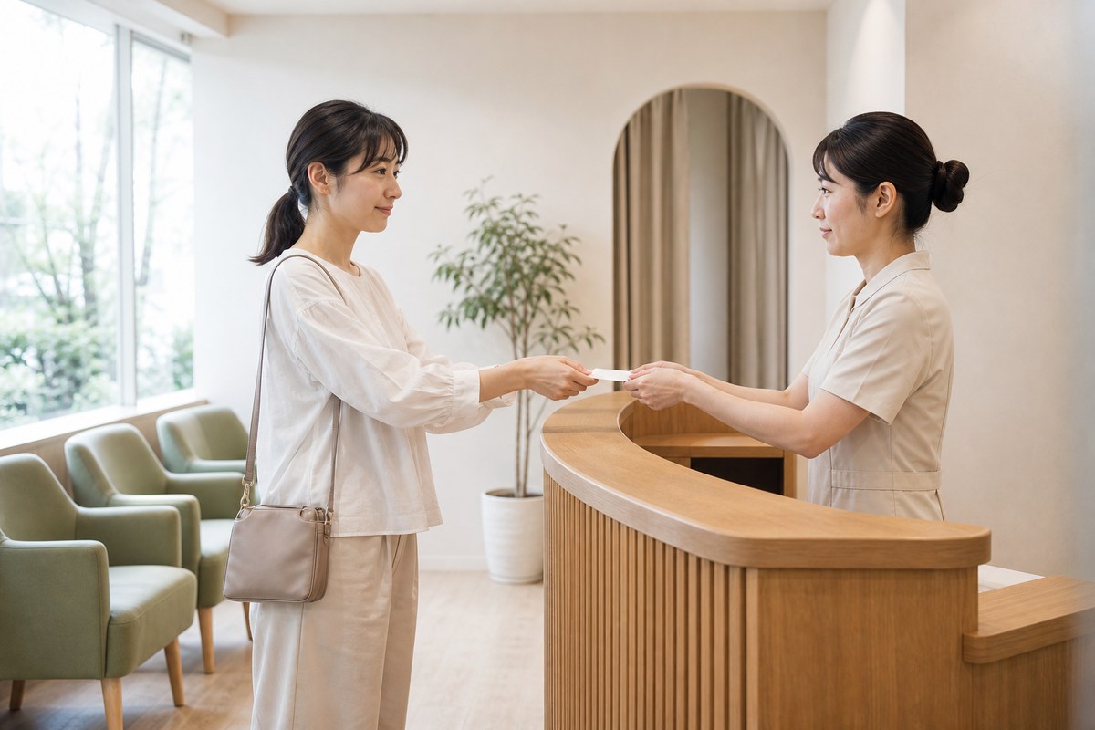 皮膚科の受付で保険証を渡す日本人女性