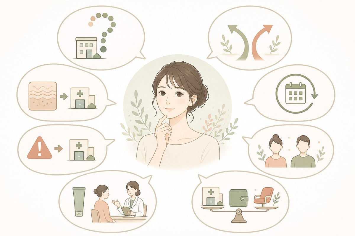 皮膚科とエステに関する8つのよくある質問を表す図解