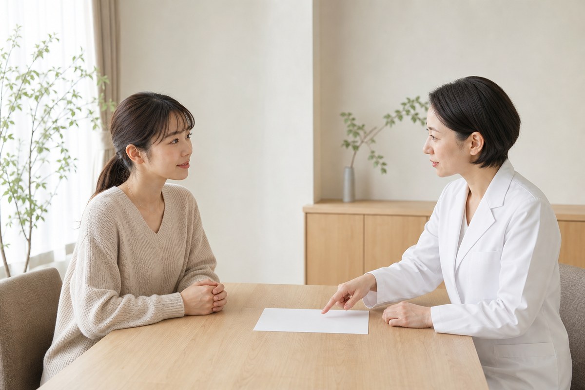 長引くニキビ跡の赤みについて皮膚科医へ相談する日本人女性