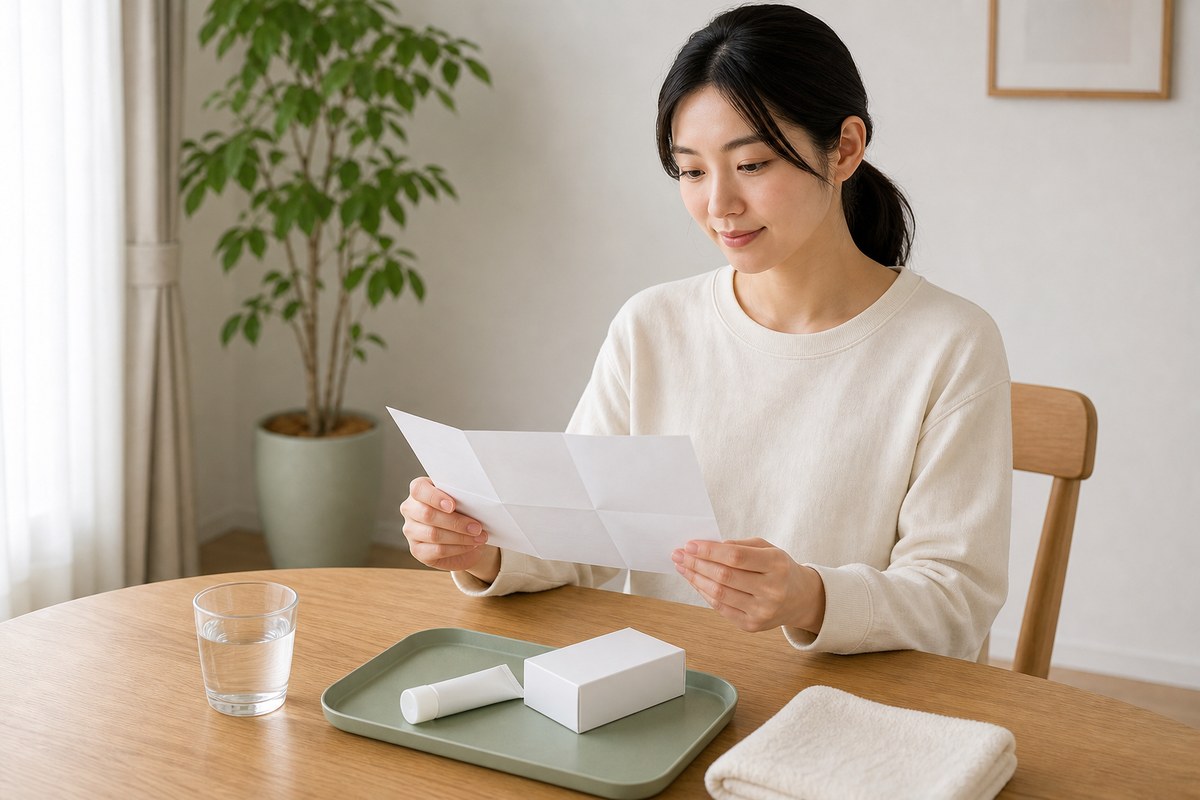 無地の市販薬容器と説明用紙を慎重に確認する日本人女性