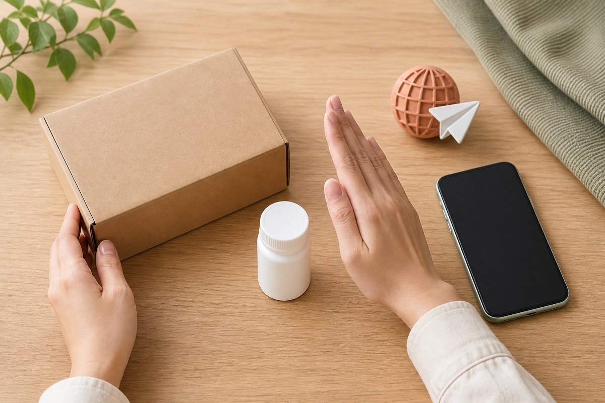 個人輸入の無地薬品を自己判断で使わず立ち止まる様子