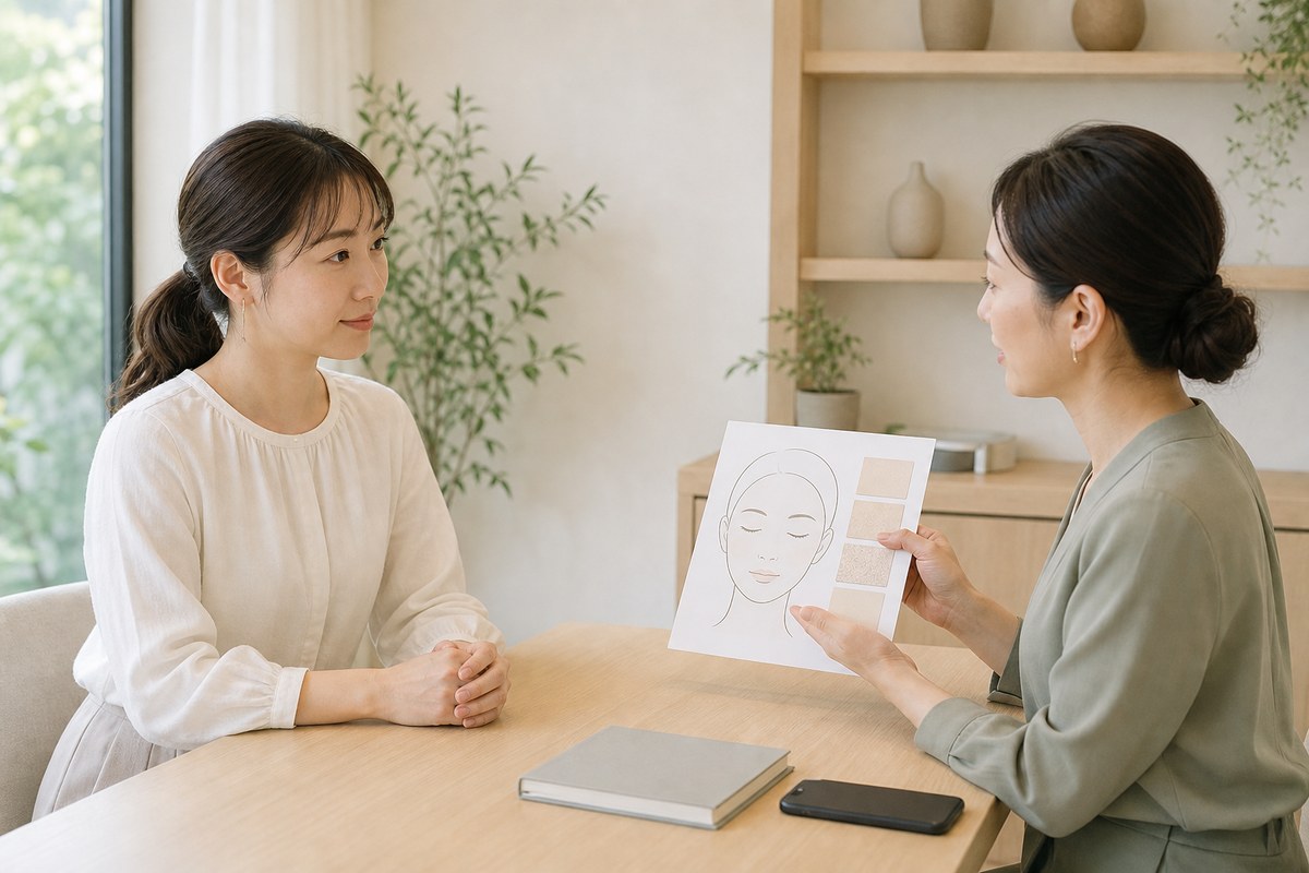 肌状態についてサロンでカウンセリングを受ける日本人女性