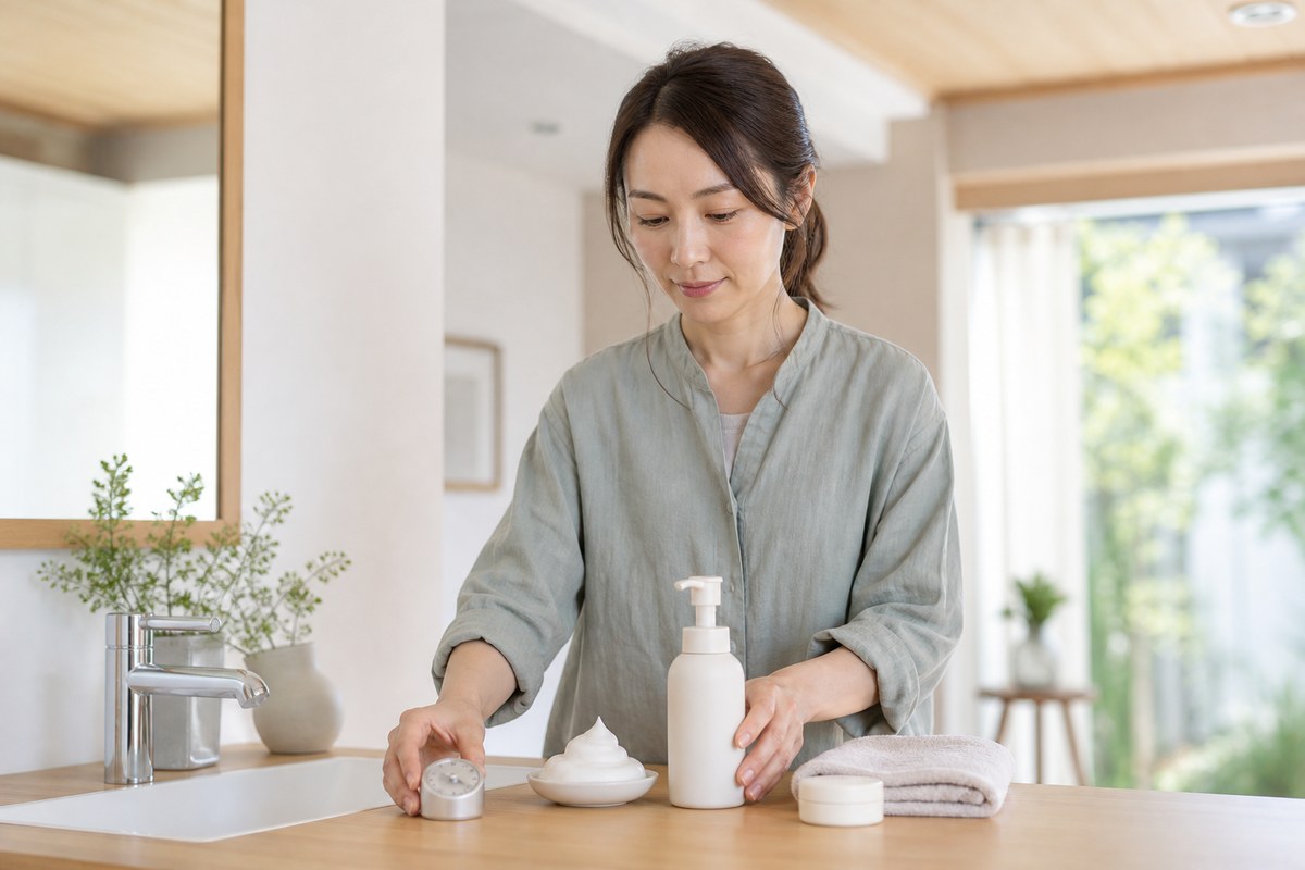 ぬるま湯・泡・無地の洗顔料でやさしい洗顔習慣を準備する日本人女性