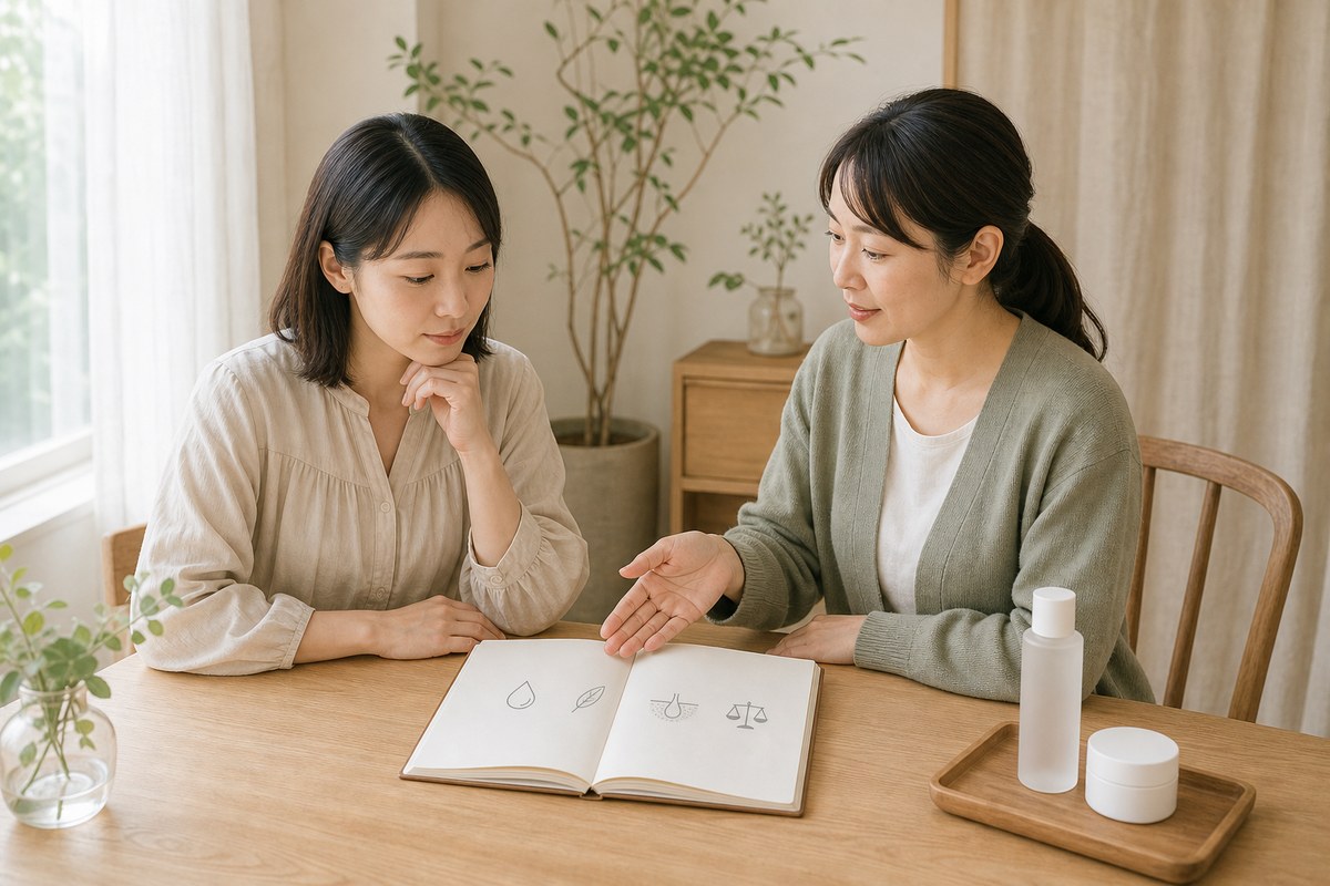 化粧水の選択基準を非医療スタッフと相談する女性