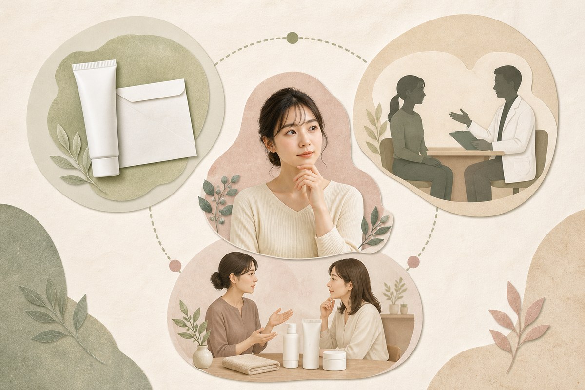 薬・皮膚科・サロンが担う異なる役割を同じ重みで整理した図