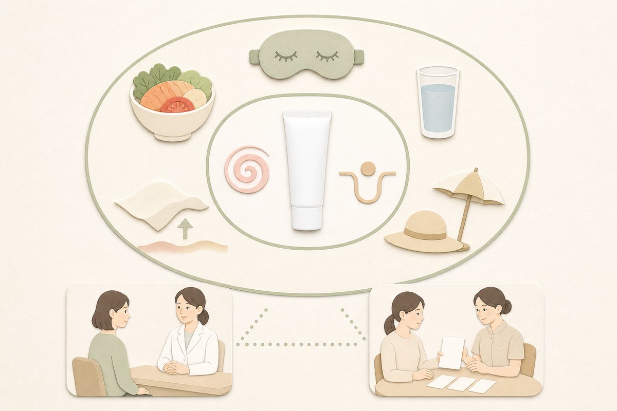 薬の守備範囲と肌質・生活の土台を分けて示す図