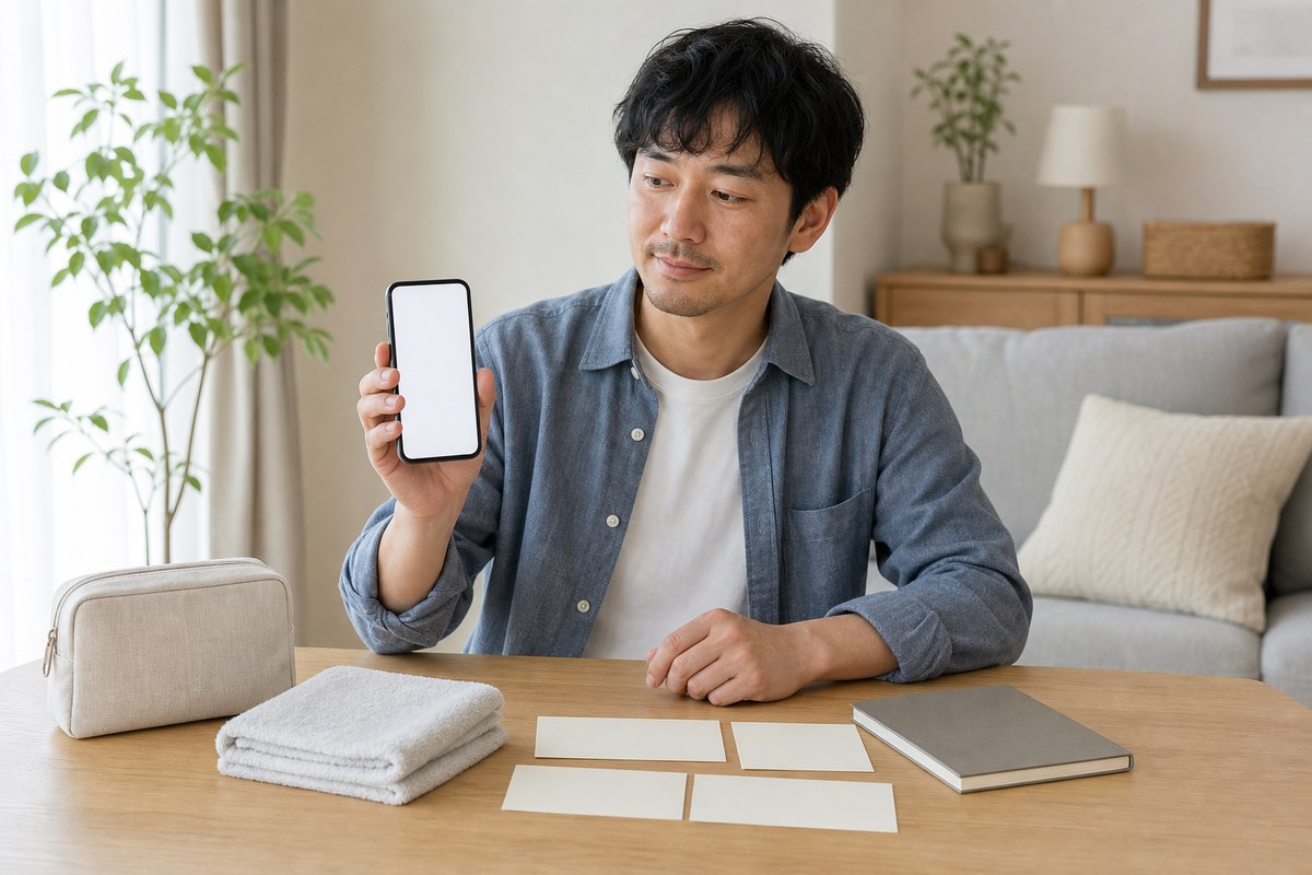 スマホと無地カードで男性ニキビの疑問を整理する日本人男性