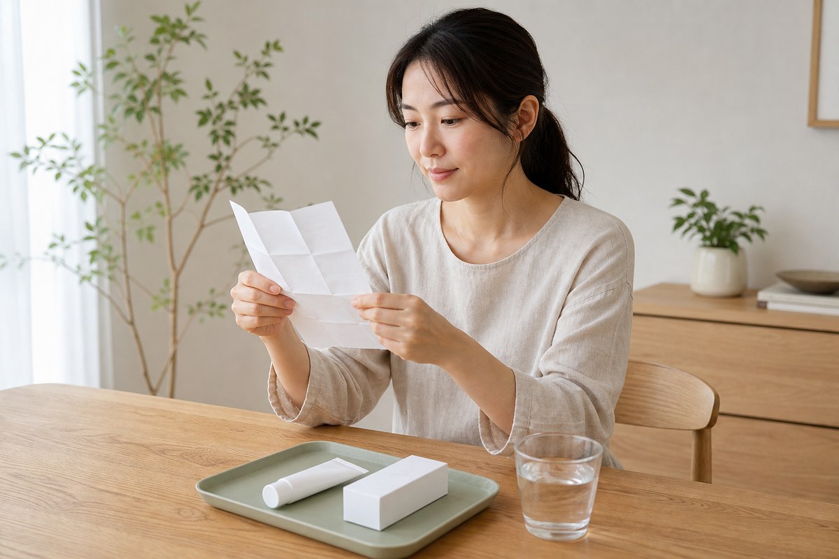 無地の市販薬容器と説明用紙を落ち着いて確認する日本人女性