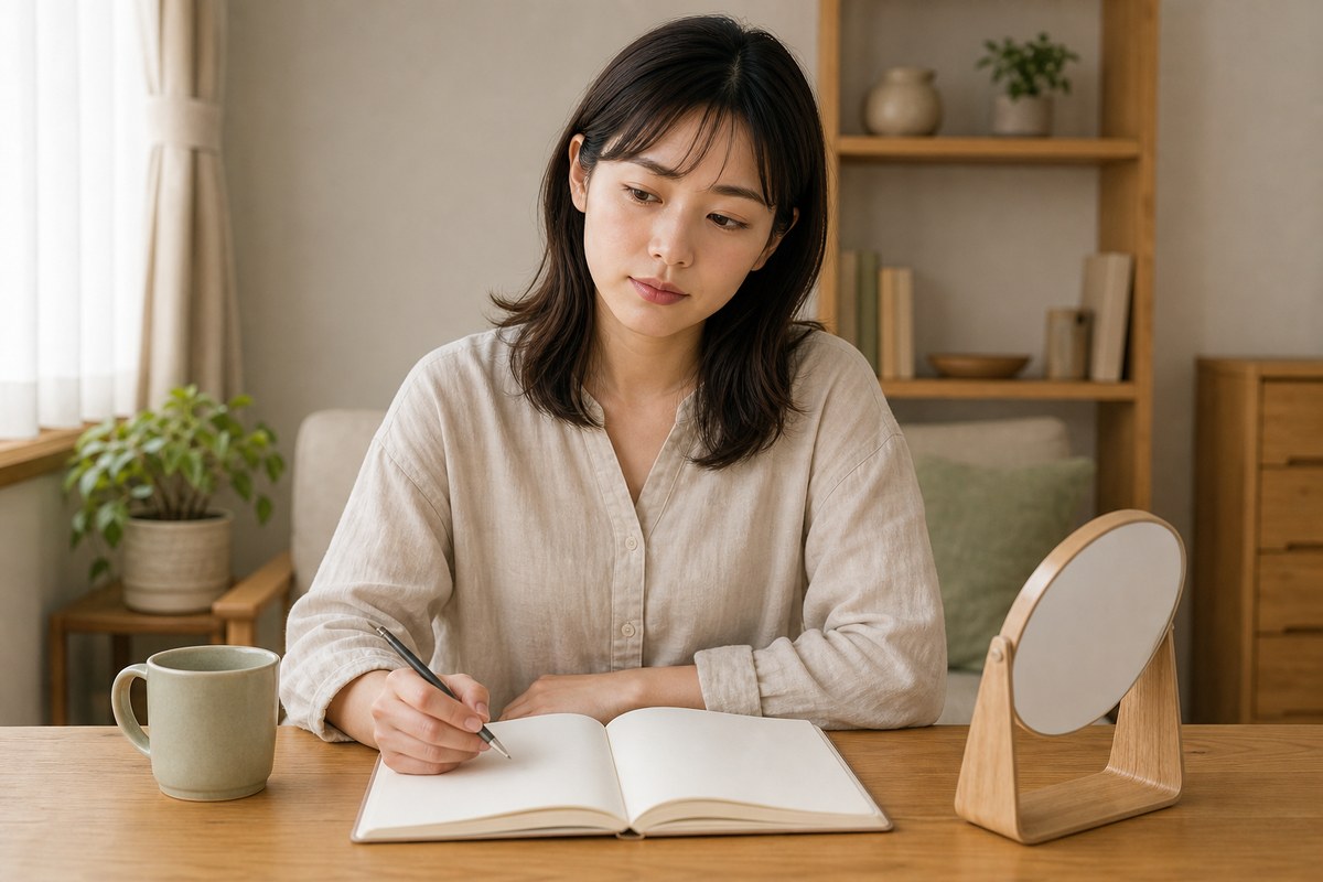 ニキビ跡についての疑問をノートに整理する日本人女性