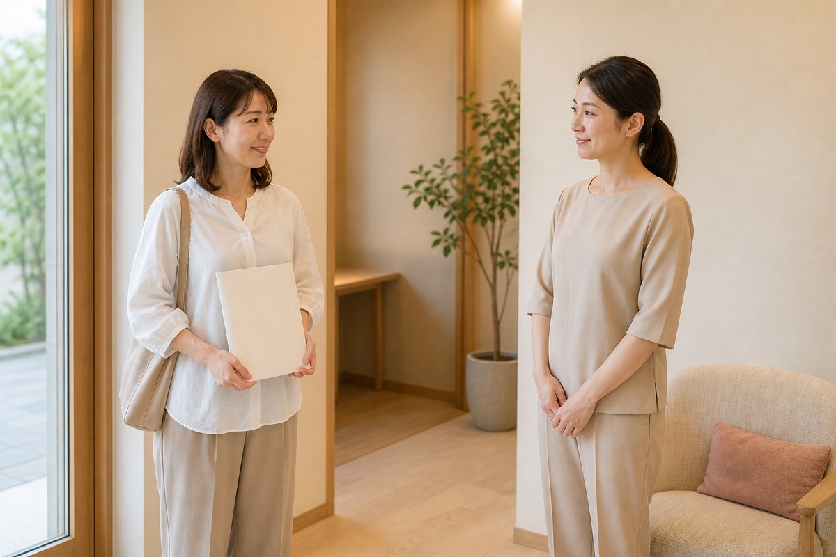 無理のない通い方を相談して計画フォルダーを受け取る日本人女性