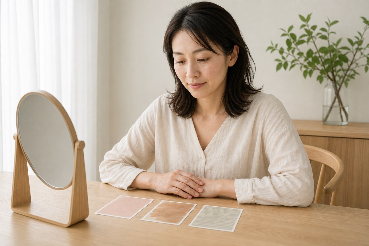 鏡の前で赤み・色素沈着・凹凸の3タイプを確認する日本人女性