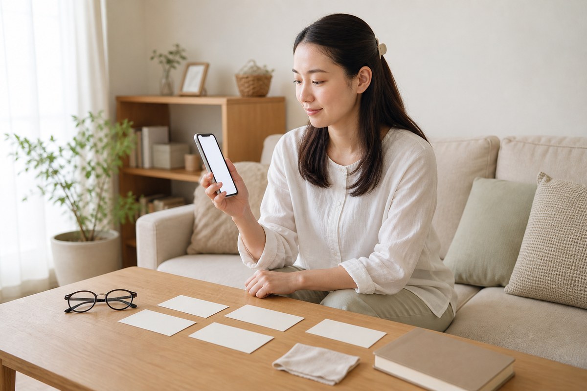 スマホと無地カードで疑問を整理する日本人女性
