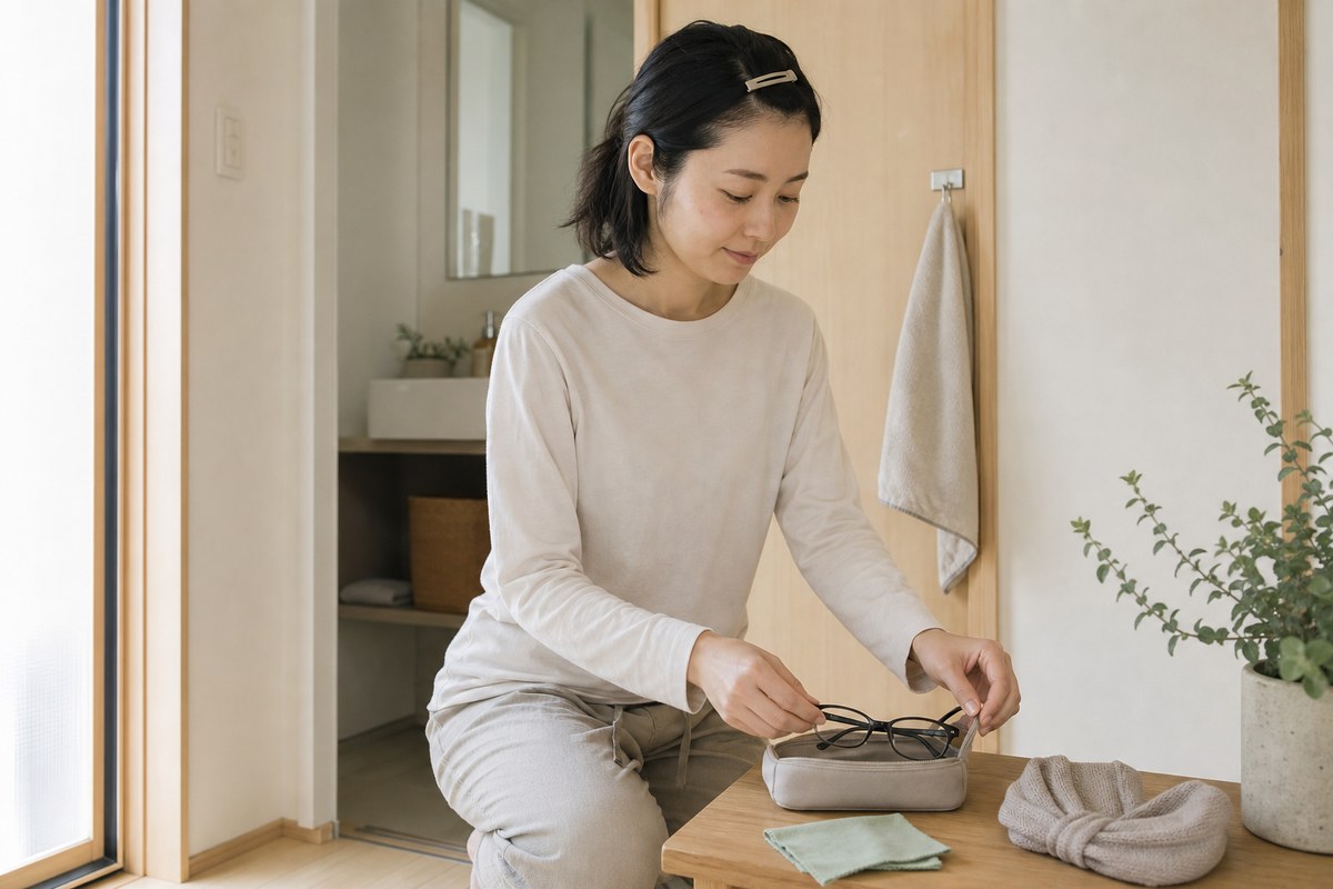 髪とメガネの接触習慣を整えて外出準備をする日本人女性